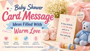 Baby shower card message ideas with gifts, teddy bear, baby shoes, and a heartfelt welcome baby card.