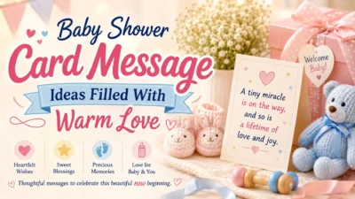 Baby shower card message ideas with gifts, teddy bear, baby shoes, and a heartfelt welcome baby card.
