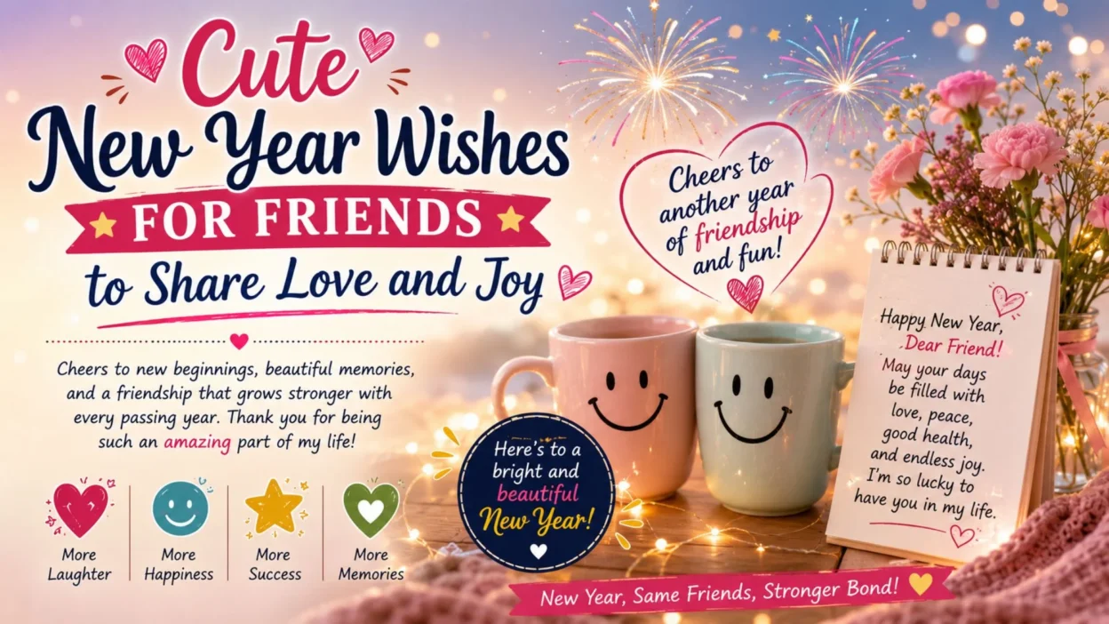 Cute New Year wishes for friends with fireworks, flowers, smiling mugs, heartfelt messages, and joyful friendship memories.