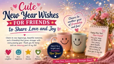 Cute New Year wishes for friends with fireworks, flowers, smiling mugs, heartfelt messages, and joyful friendship memories.