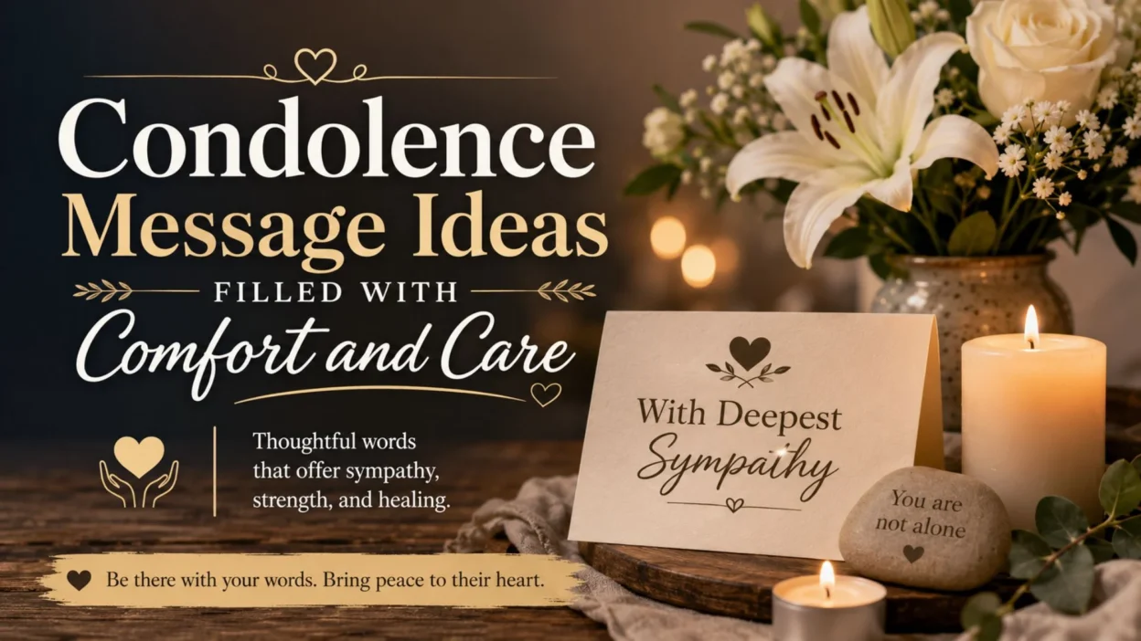 Condolence message ideas image with white lilies, sympathy card, candles, and comforting words of support.