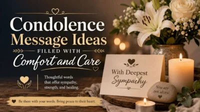 Condolence message ideas image with white lilies, sympathy card, candles, and comforting words of support.