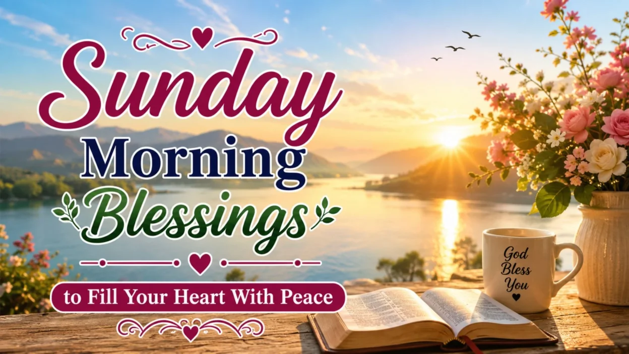 Sunday morning blessings graphic with sunrise, Bible, flowers, and a peaceful lake view.