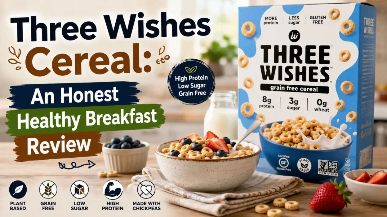 Three Wishes Cereal box with a berry-topped bowl, milk splash, and high-protein, low-sugar breakfast message.