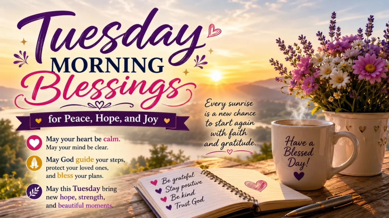 Tuesday morning blessings with sunrise, flowers, coffee, and peaceful wishes for hope, faith, and joy.