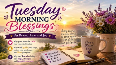 Tuesday morning blessings with sunrise, flowers, coffee, and peaceful wishes for hope, faith, and joy.