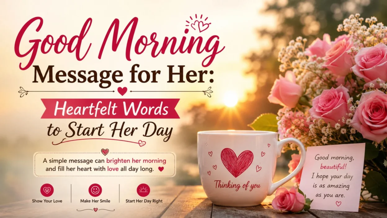 Good morning message for her with pink roses, sunrise, coffee mug, and heartfelt romantic words.