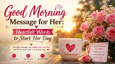 Good morning message for her with pink roses, sunrise, coffee mug, and heartfelt romantic words.