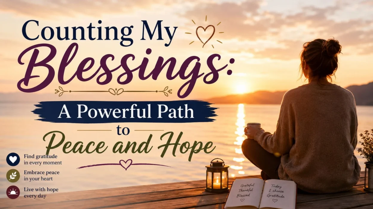 **Alt Text** Woman counting my blessings by a peaceful lake at sunrise with a gratitude journal, lantern, and warm drink.