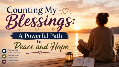 **Alt Text** Woman counting my blessings by a peaceful lake at sunrise with a gratitude journal, lantern, and warm drink.