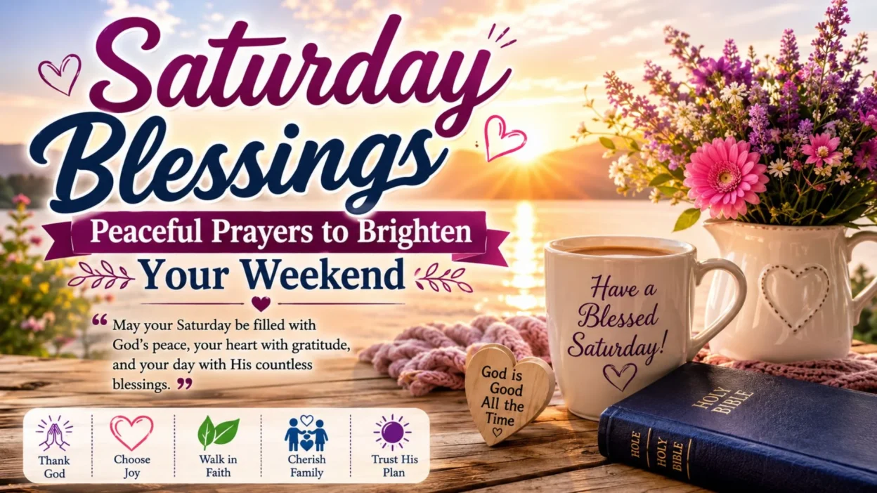 Saturday blessings with peaceful prayers, sunrise, Bible, flowers, and coffee by a tranquil lakeside.