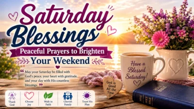 Saturday blessings with peaceful prayers, sunrise, Bible, flowers, and coffee by a tranquil lakeside.