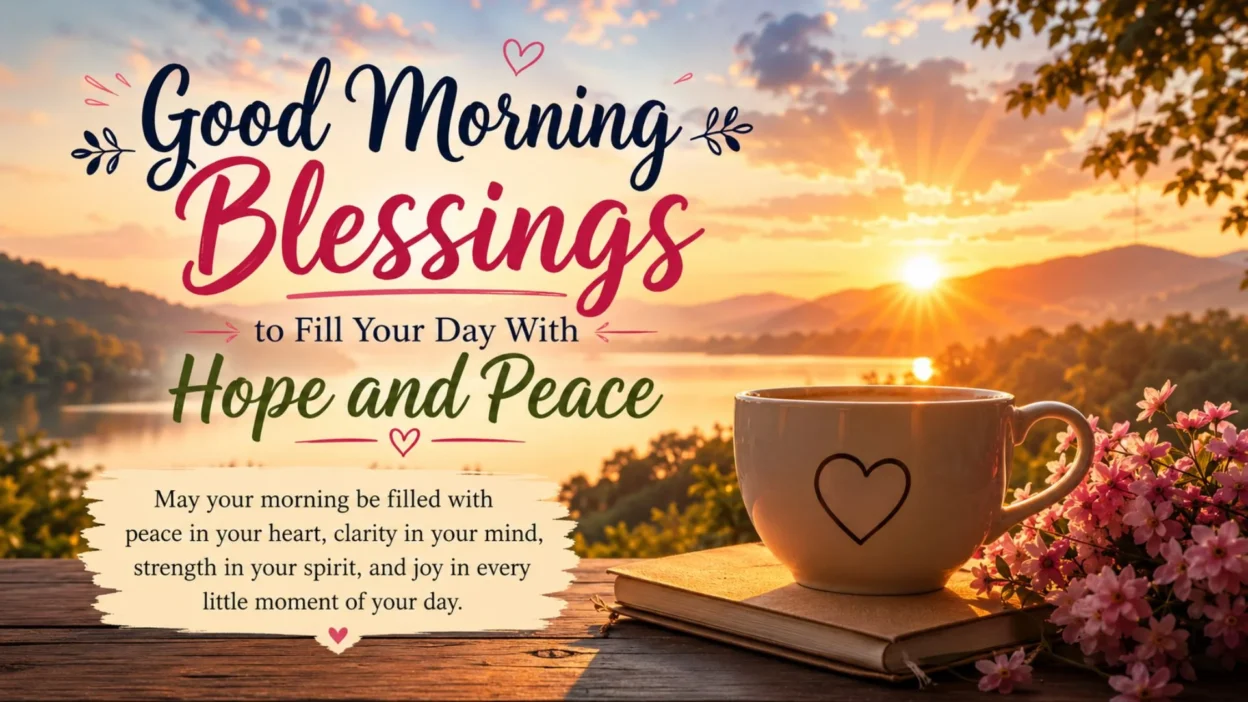 Peaceful sunrise with coffee cup and Good Morning Blessings message inspiring hope and peace for the day