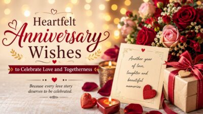 Romantic anniversary wishes image with roses, candles, gift box, and heartfelt love celebration message.