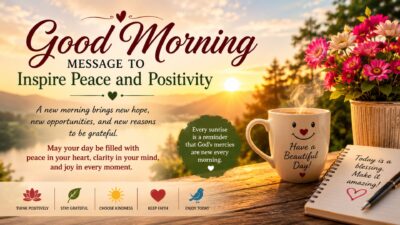 Good morning message image with sunrise, coffee cup, flowers, and inspiring words of peace and positivity.