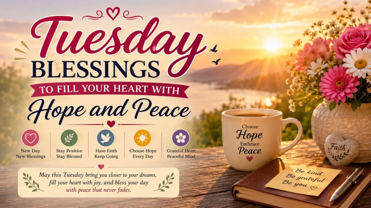 Tuesday blessings image with sunrise, coffee, flowers, and inspiring messages of hope, peace, and gratitude.