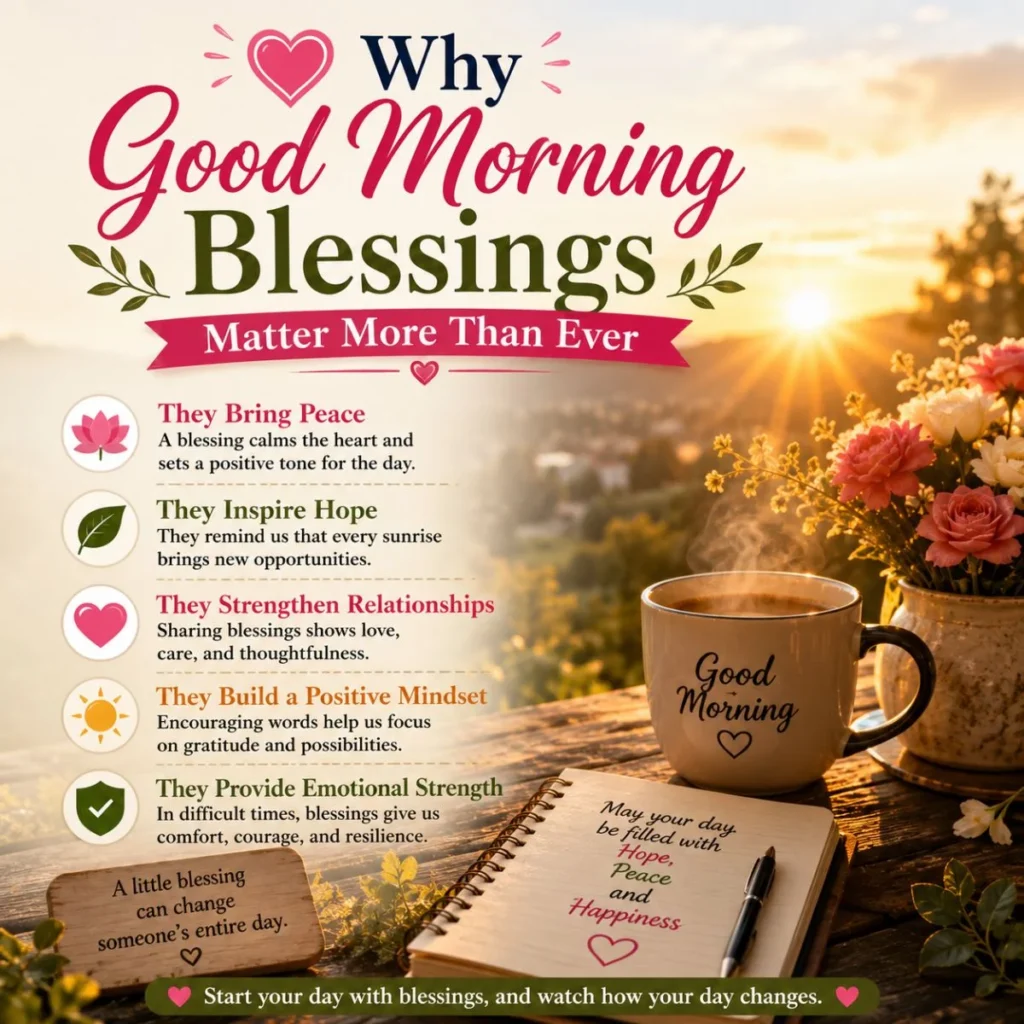 Inspirational good morning blessings infographic with sunrise, coffee, flowers, and messages of hope and peace