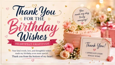 Thank you for birthday wishes with pink cake, roses, gifts, and a heartfelt gratitude message.