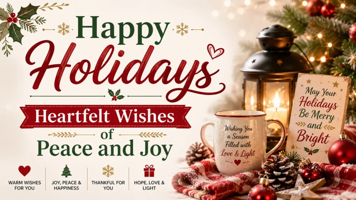 **Alt Text** Festive Happy Holidays message with lantern, mug, Christmas tree, ornaments, and heartfelt wishes of peace and joy.
