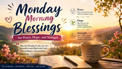 Monday morning blessings graphic with sunrise, flowers, coffee, journal, and messages of peace, hope, and strength.