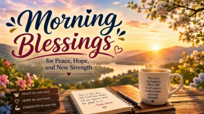 Morning blessings image with sunrise, mountains, flowers, coffee, and messages of peace, hope, and strength.