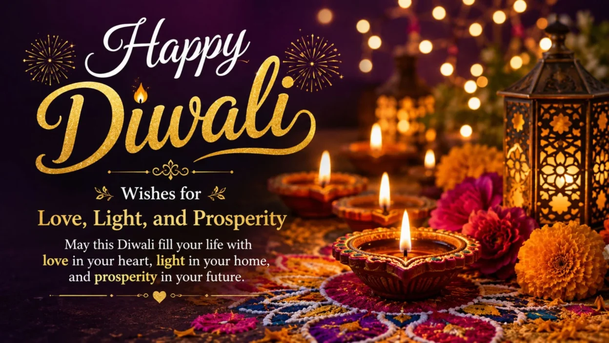 Happy Diwali wishes image with glowing diyas, rangoli, marigolds, lantern, and festive lights.