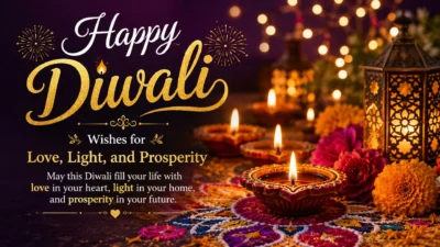 Happy Diwali wishes image with glowing diyas, rangoli, marigolds, lantern, and festive lights.