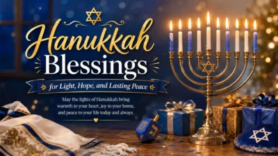 Hanukkah blessings with glowing menorah, dreidels, gifts, and blue-gold festive decorations.