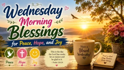 Wednesday morning blessings graphic with sunrise, flowers, coffee mug, Bible verse, and peace, hope, and joy symbols.
