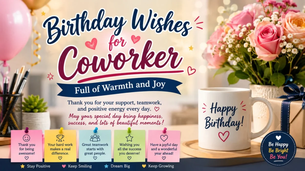 Birthday wishes for coworker image with flowers, balloons, gift, coffee mug, and cheerful workplace messages.