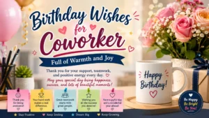Birthday wishes for coworker image with flowers, balloons, gift, coffee mug, and cheerful workplace messages.