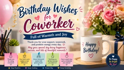 Birthday wishes for coworker image with flowers, balloons, gift, coffee mug, and cheerful workplace messages.