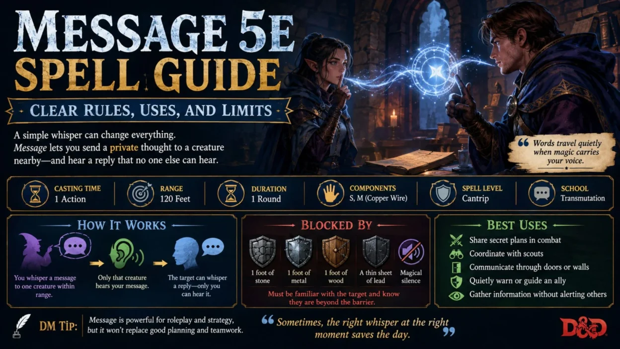 Message 5e spell guide infographic with wizard, elf, glowing magic, spell stats, barriers, and best uses.