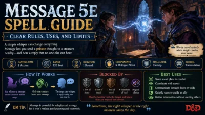 Message 5e spell guide infographic with wizard, elf, glowing magic, spell stats, barriers, and best uses.