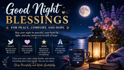 Good night blessings image with moonlit lake, lantern, flowers, and messages of peace, comfort, hope, and faith.