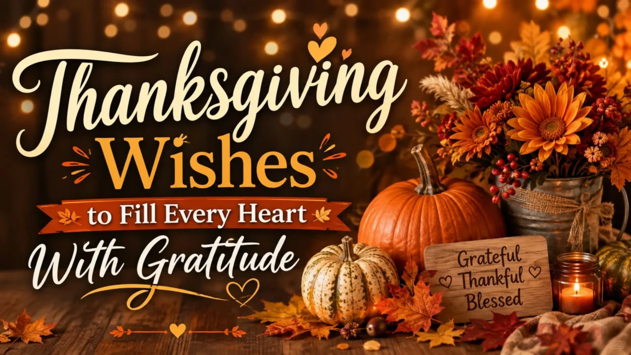 Thanksgiving wishes banner with pumpkins, autumn flowers, a candle, and a warm gratitude message in a cozy fall setting.