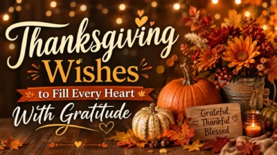 Thanksgiving wishes banner with pumpkins, autumn flowers, a candle, and a warm gratitude message in a cozy fall setting.