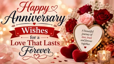 Happy anniversary wishes banner with red and pink roses, hearts, candles, and elegant romantic typography.