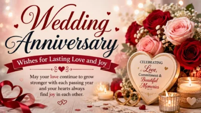 Wedding anniversary wishes banner with red and pink roses, glowing candles, hearts, and elegant romantic lettering.
