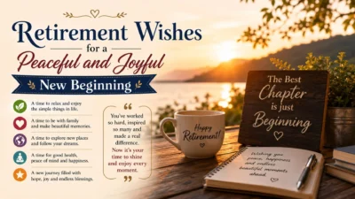 Retirement wishes banner with a peaceful sunset, coffee mug, notebook, books, and a hopeful new beginning message.