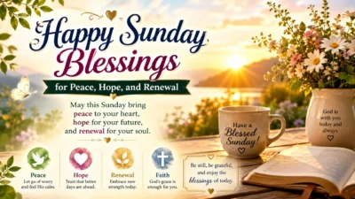 Happy Sunday blessings image with sunrise, an open Bible, flowers, a coffee mug, and a peaceful faith-filled message.