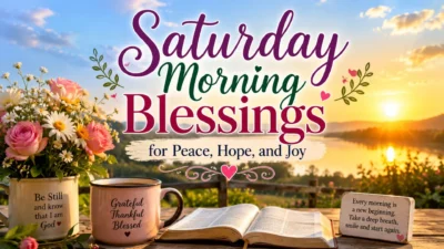Saturday morning blessings graphic with sunrise, flowers, coffee, lantern, and peaceful lake views.