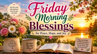 Friday morning blessings graphic with sunrise, flowers, coffee, an open Bible, and a peaceful lake.