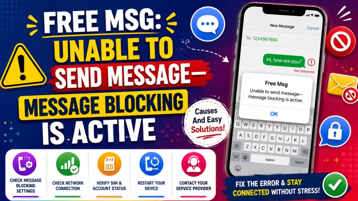 Message blocking is active error shown on a phone with quick SMS troubleshooting steps and warning icons.