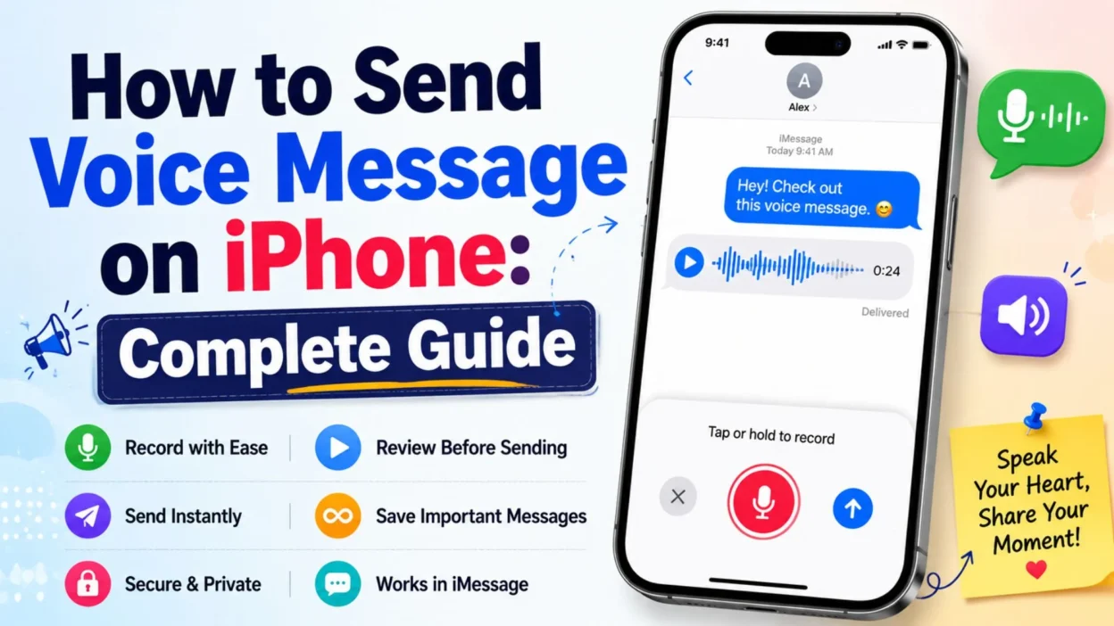 iPhone voice message tutorial showing recording, playback, send, and save features in iMessage.