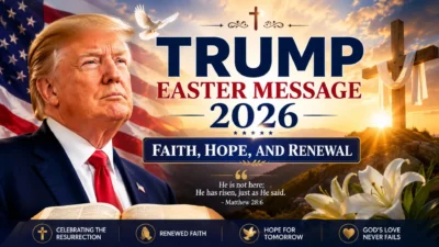 Trump Easter Message 2026 graphic with Donald Trump, cross, Bible, lilies, sunrise, dove, and American flag.
