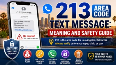 213 area code text message scam warning with Los Angeles skyline, suspicious link, and phone safety tips.