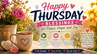 Happy Thursday blessings graphic with flowers, coffee, sunshine, and messages of peace, hope, joy, and gratitude.