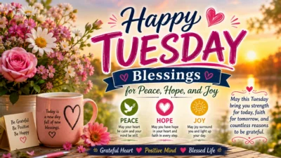 Happy Tuesday blessings image with flowers, sunrise, coffee, and uplifting messages of peace, hope, joy, and gratitude.