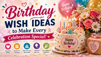 Birthday wish ideas graphic with a colorful cake, flowers, balloons, gifts, and heartfelt celebration messages.